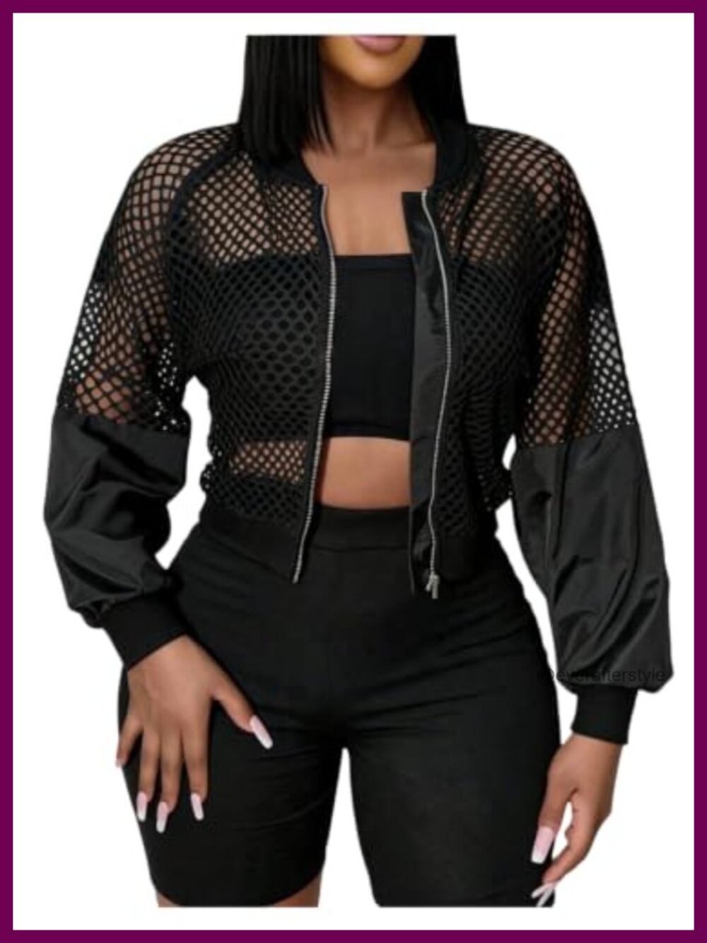 Women's Sheer Mesh Zip Up Cropped Jacket Long Sleeve Collared Lightweight